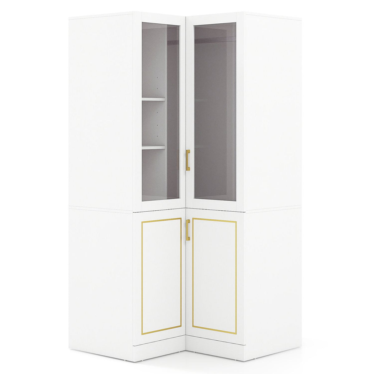 White corner wardrobe with gold-trimmed lower panels and glass-front upper doors, shown closed against white.