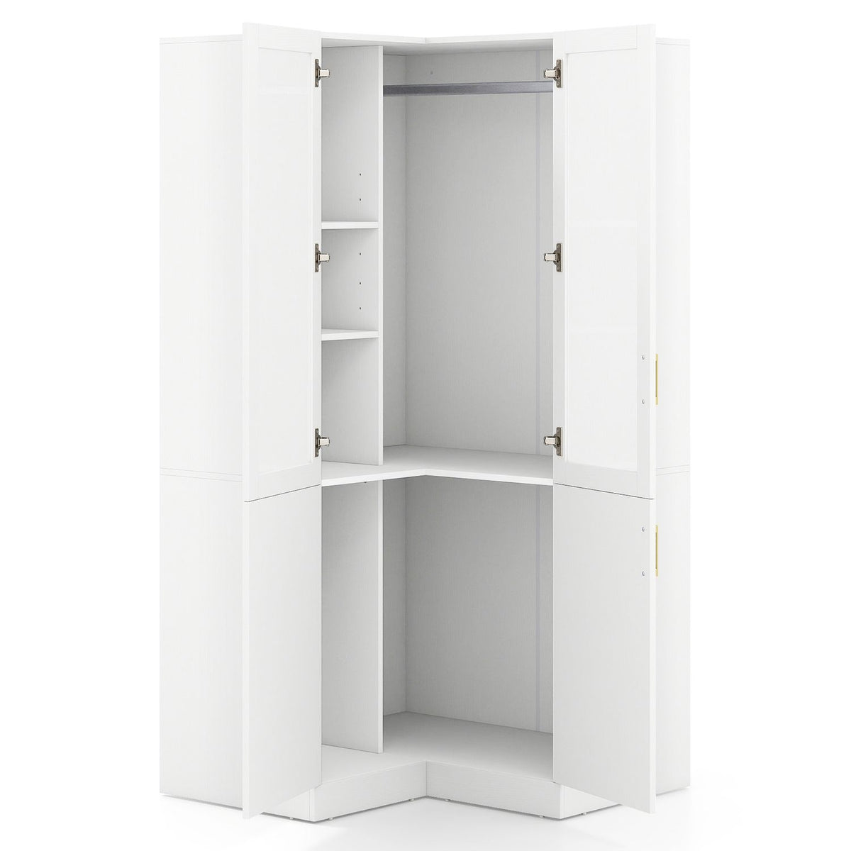 White corner wardrobe with open doors, upper shelves, a hanging rod, and lower storage compartments.