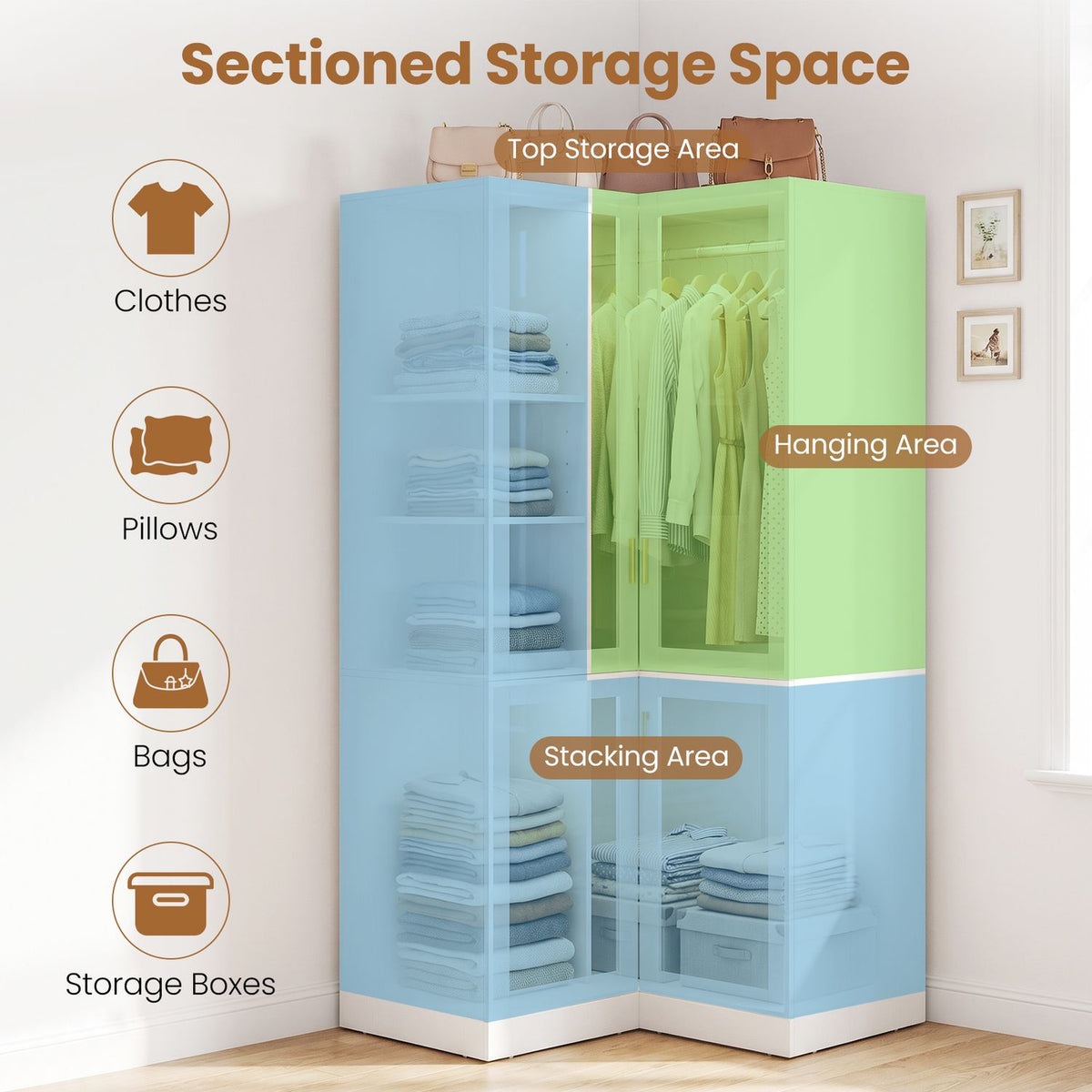 Corner wardrobe with colored overlays showing shelves, a hanging section, and lower storage areas.