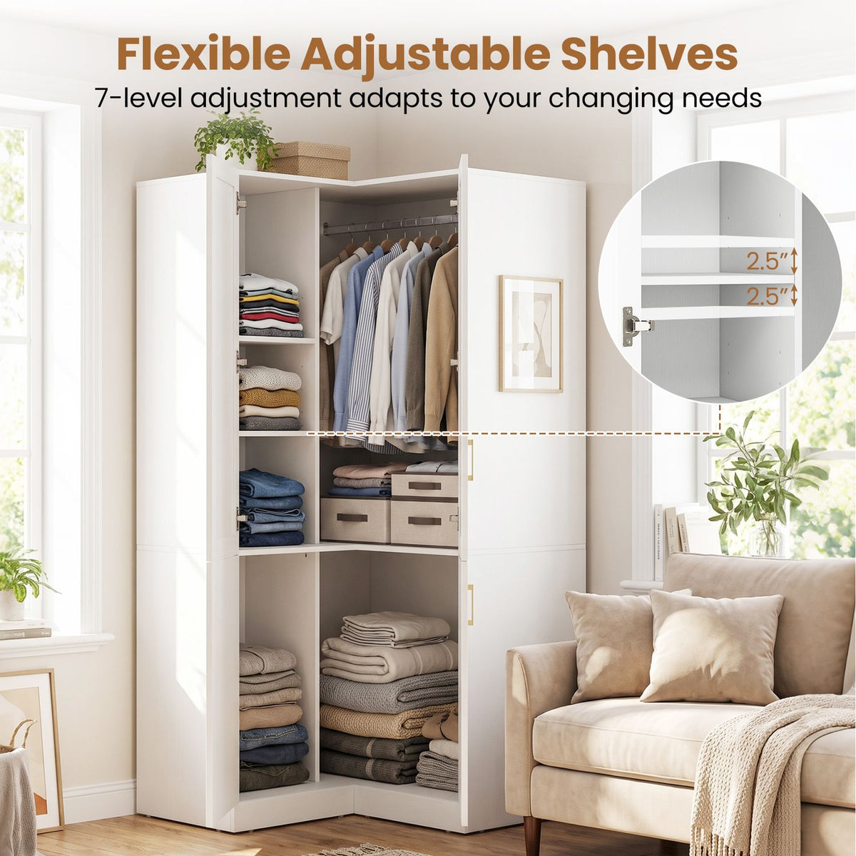 Open white corner wardrobe beside a sofa, with folded clothes, hanging garments, and a shelf-spacing inset.