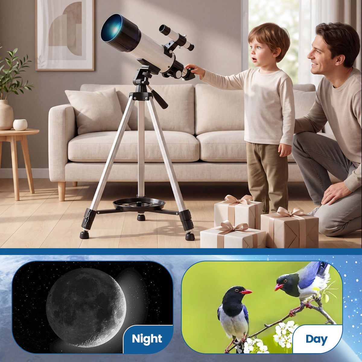 70 MM Aperture Refractor Telescope with Adjustable Tripod, Silver