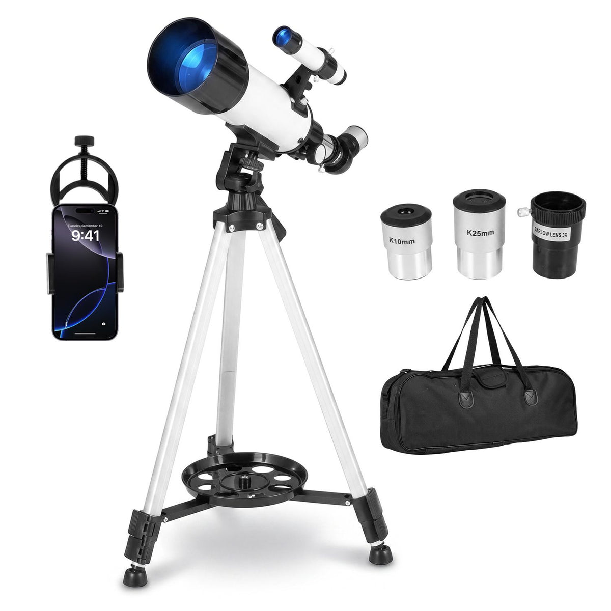 70 MM Aperture Refractor Telescope with Adjustable Tripod, Silver