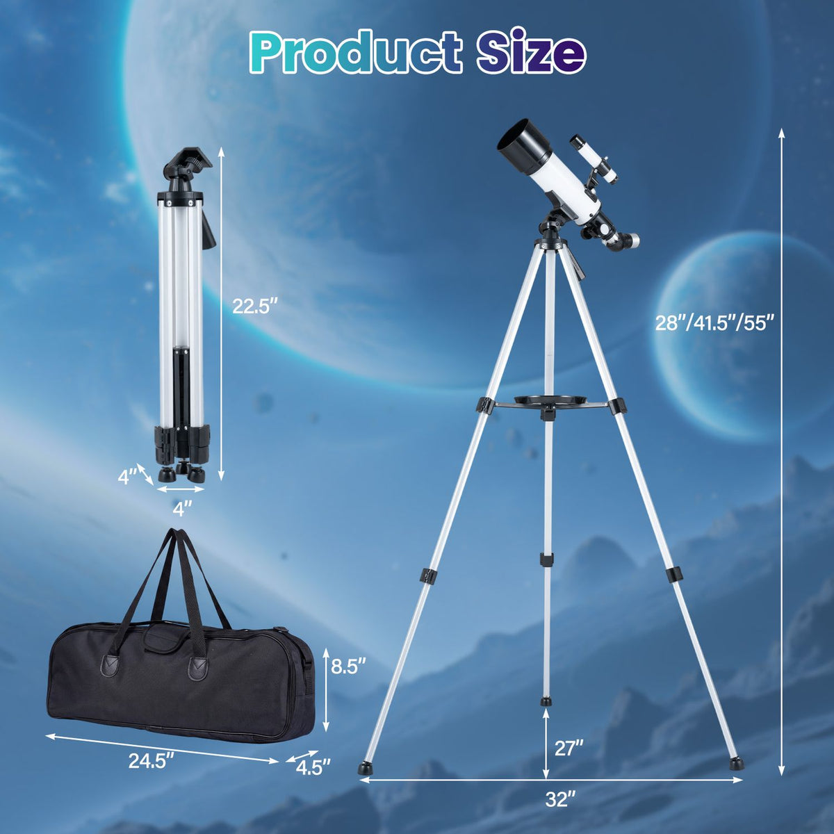 70 MM Aperture Refractor Telescope with Adjustable Tripod, Silver