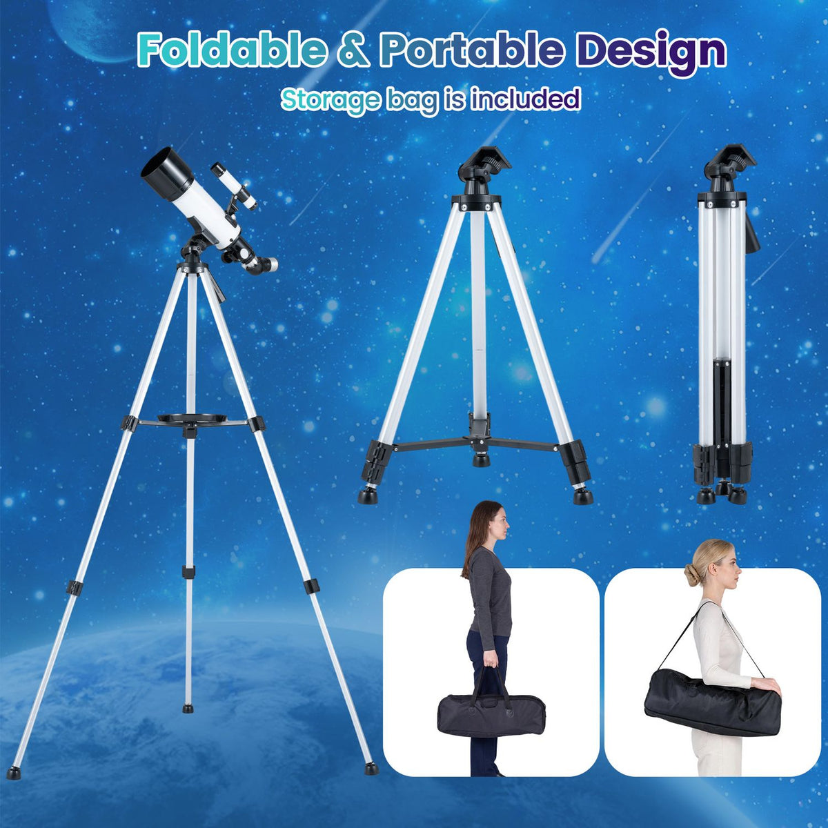70 MM Aperture Refractor Telescope with Adjustable Tripod, Silver