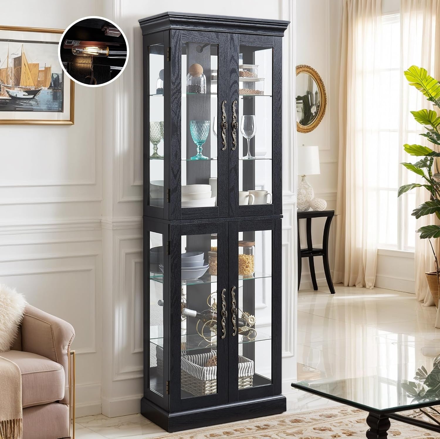 Black curio cabinet in a bright living room corner with glassware inside and a round mirror on the wall.