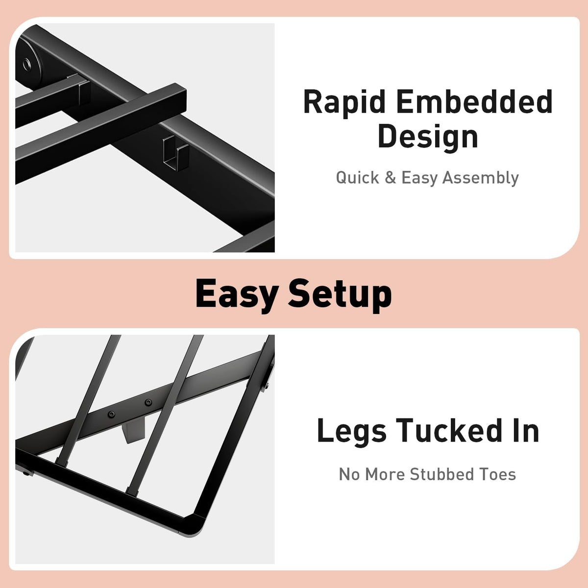 Close-up of black metal slat support and central reinforcement leg showing slat spacing and hardware