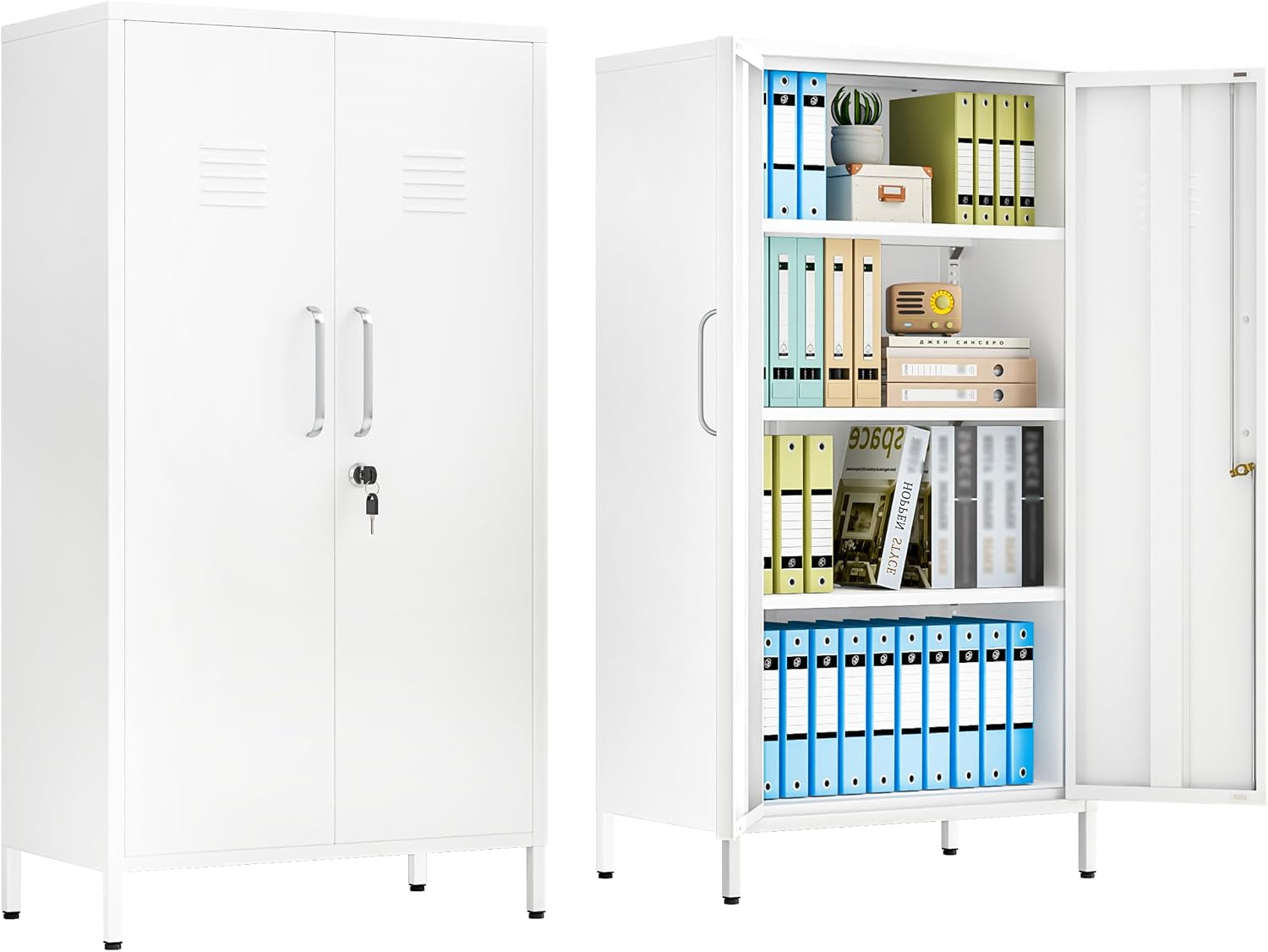 White double-door metal locker, one door open to show four shelves filled with binders and small decor items.