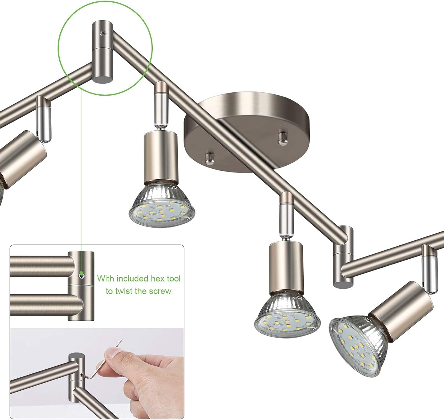 Close-up of lamp arms and included hex tool showing the adjustable connection point on track