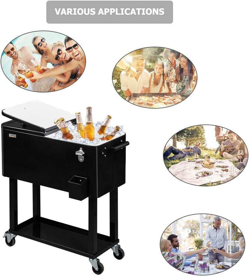 Black rolling ice chest on a wheeled stand, lid propped open with bottles and ice; four small circular lifestyle photos