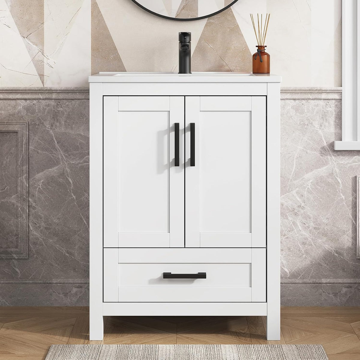 Front-close view of a white vanity with two center doors and one wide bottom drawer beneath them.
