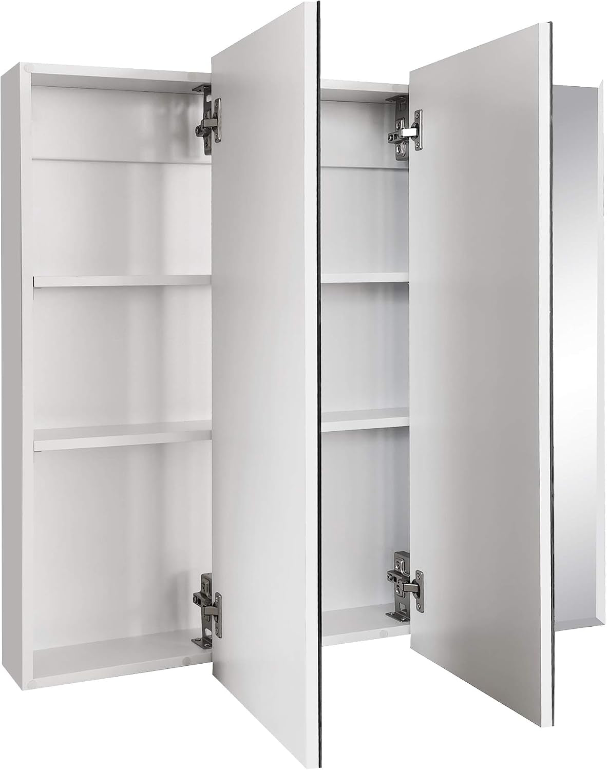 Three-door cabinet with doors open showing two adjustable shelves and white interior.
