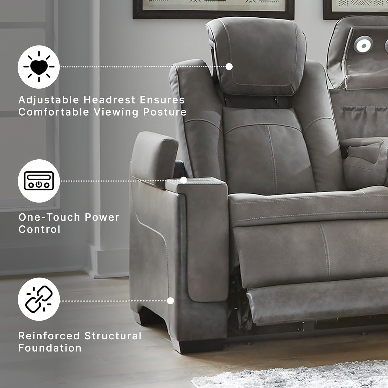 Signature Design by Ashley Next-Gen Durapella Modern Faux Leather Power Reclining Sofa with Adjustable Headrest, Gray