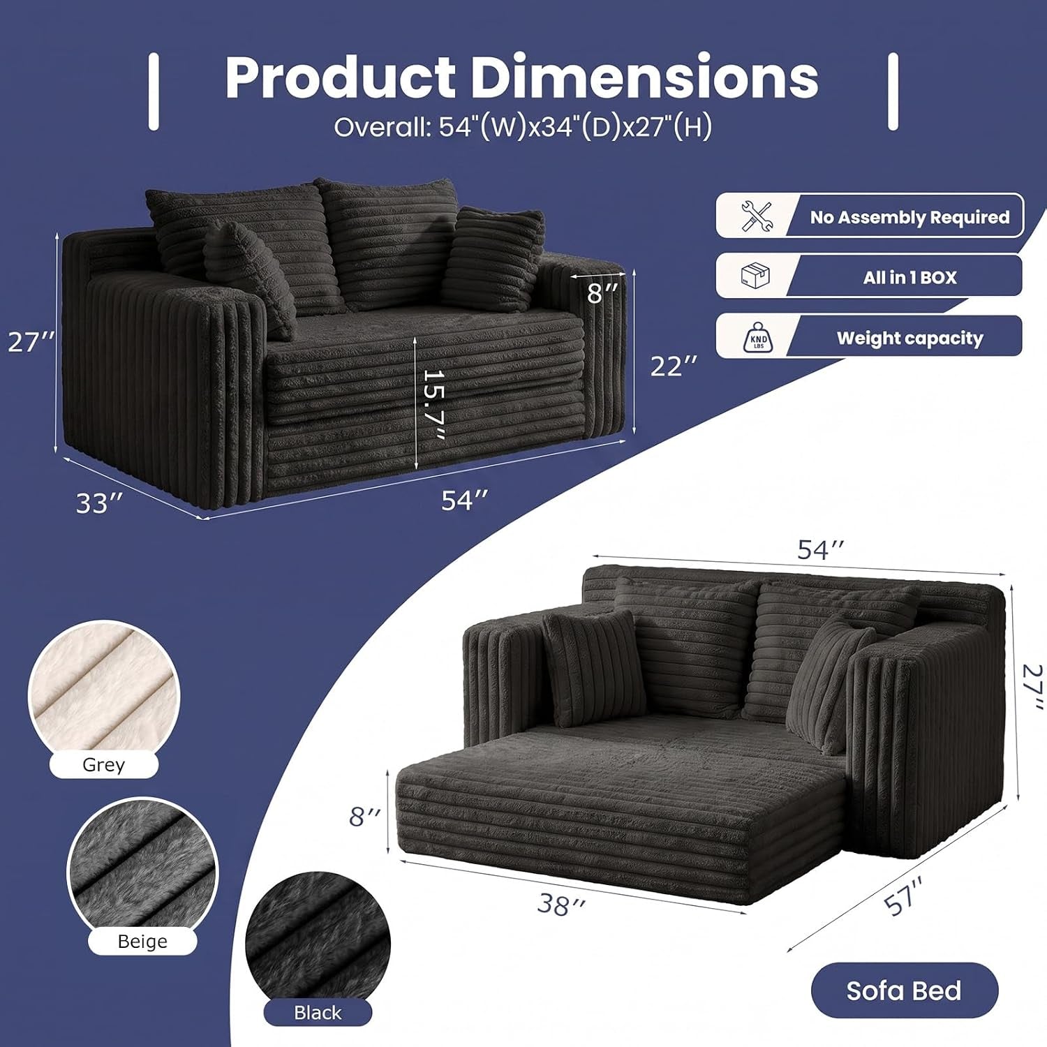 3-In-1 Convertible Sofa Bed: Boneless Loveseat Sleeper & Folding Couch Bed with 4 Pillows & Detachable Cushion,Furry Futon Couch for Bedroom,Apartment,Office and Living Room, No Assembly,Black