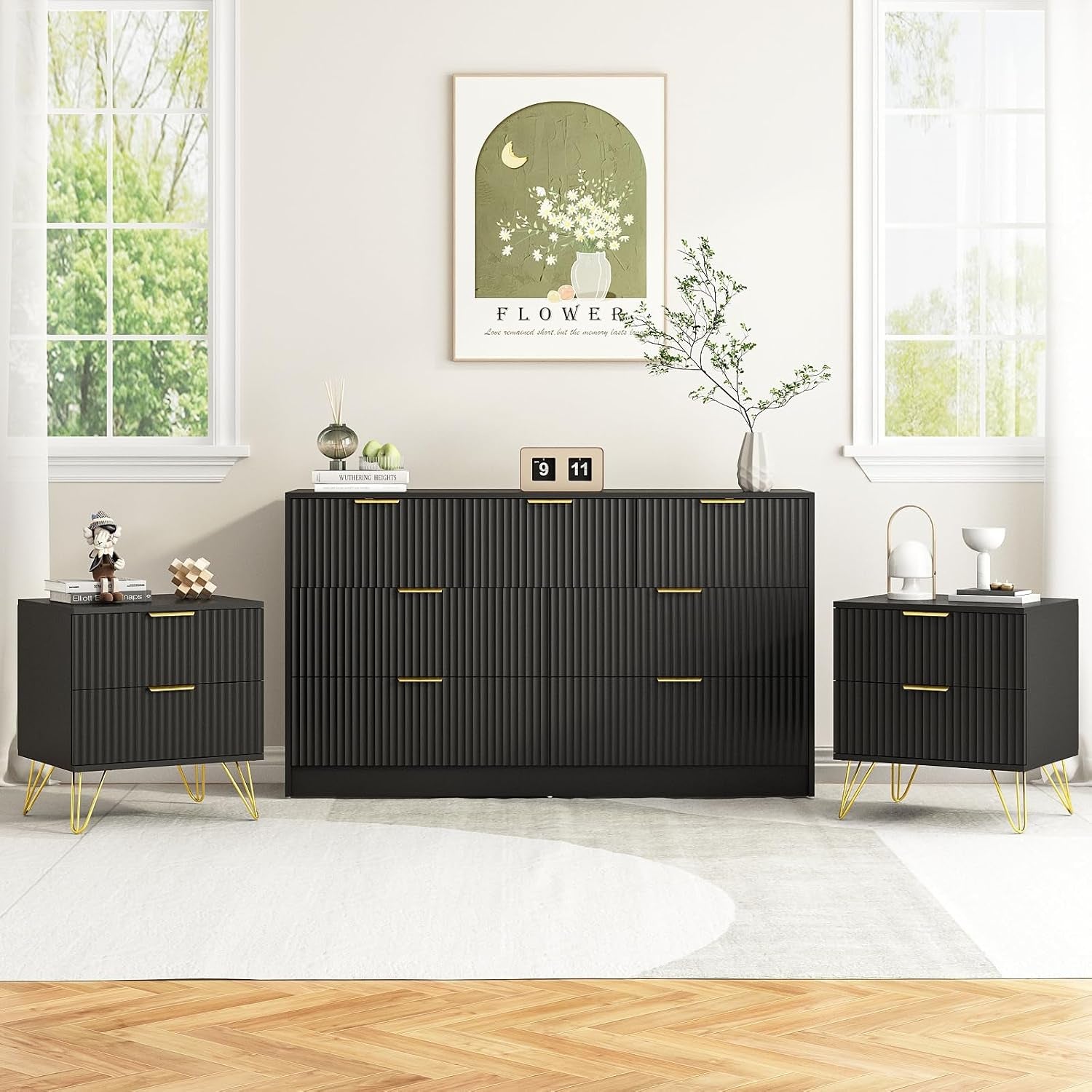 Dark wood seven-drawer dresser flanked by two matching two-drawer nightstands with gold legs and handles.
