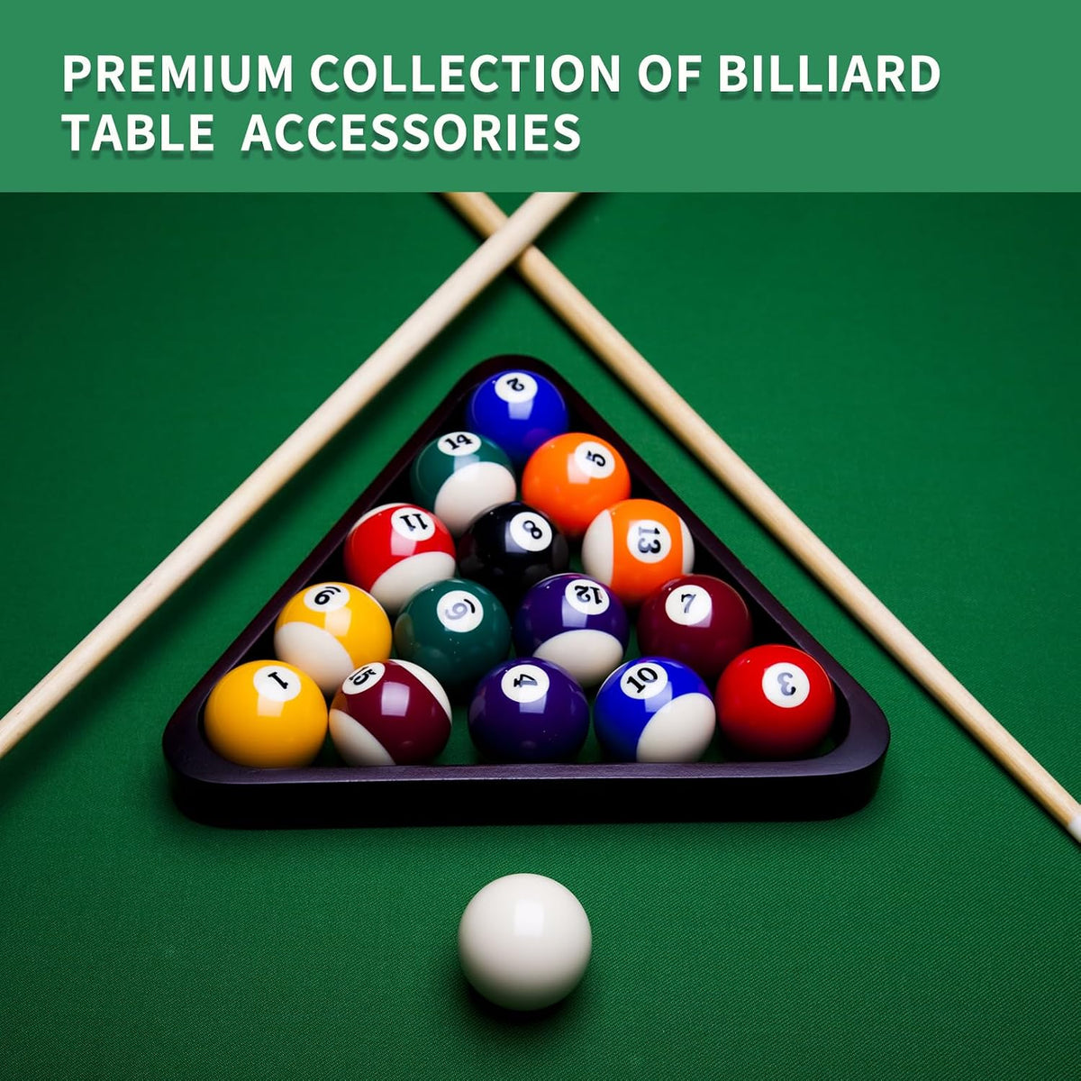 Triangle rack of numbered billiard balls on green felt with crossed wooden cues positioned above the rack
