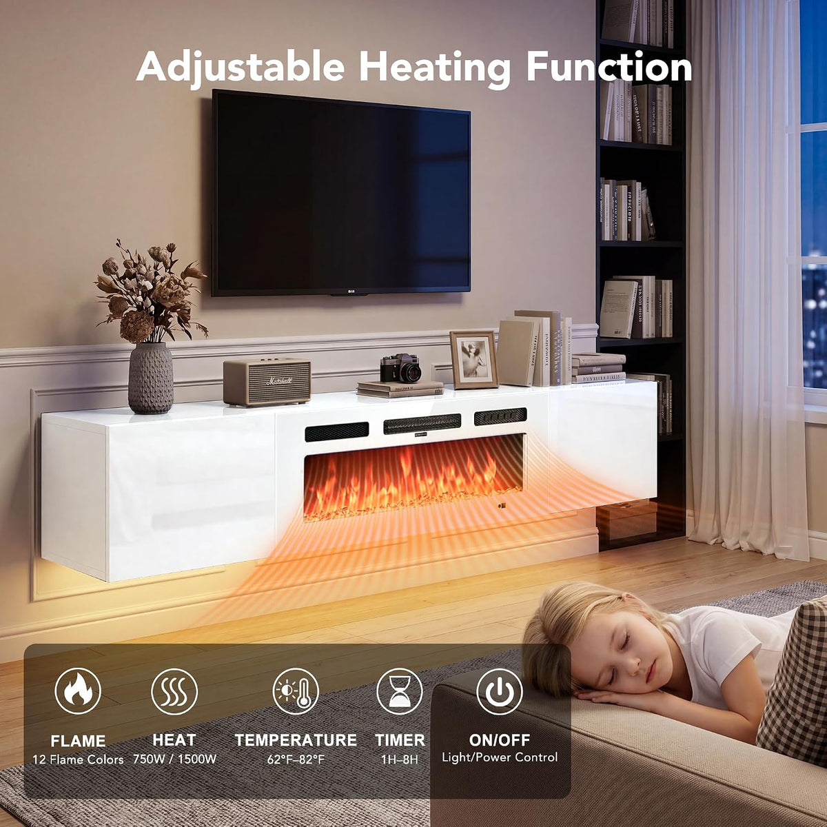 Illustration of adjustable heating function showing warm orange heat flow from the fireplace and control icons