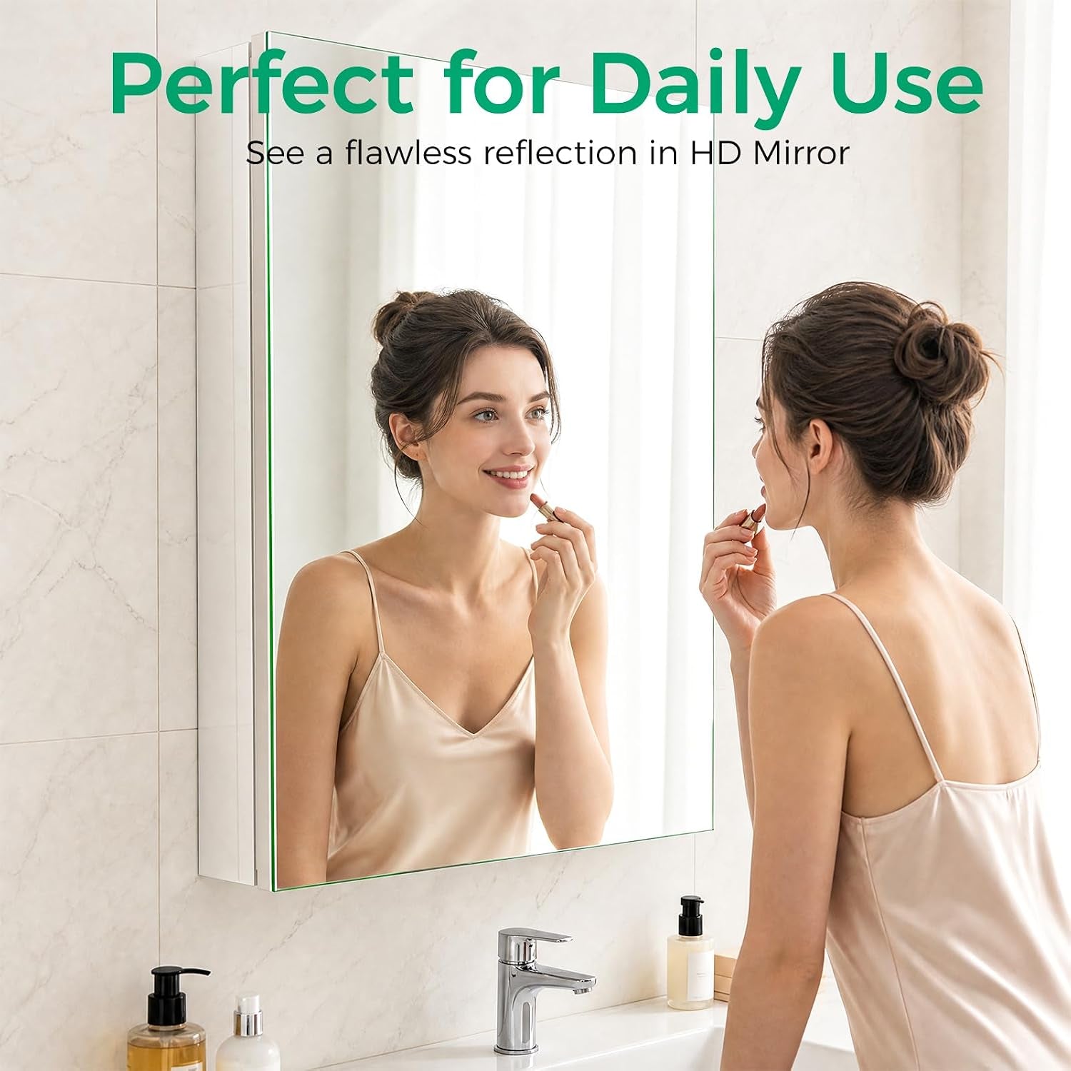 Person applying makeup reflected in the full-mirror medicine cabinet mounted above a bathroom sink
