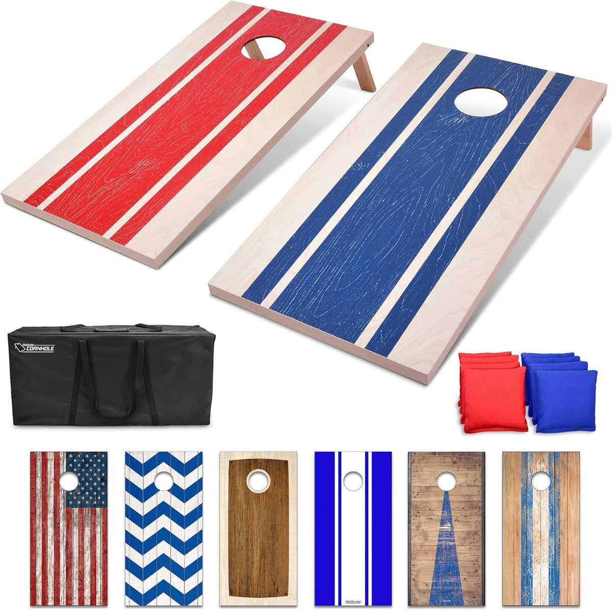 Angled view of matching cornhole boards with one red-striped top and one blue-striped top, black carry bag and eight cloth