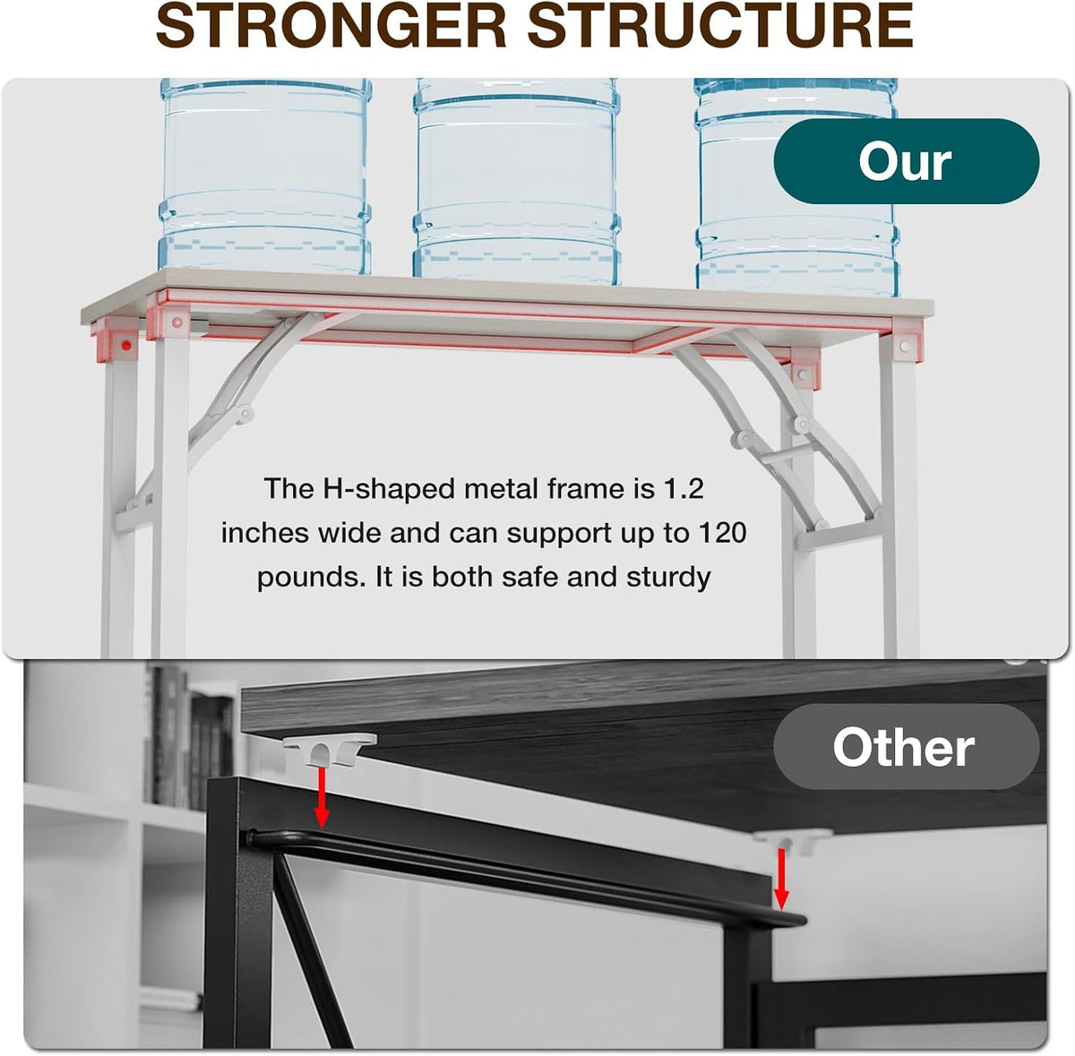Close-up of the desk's metal folding brackets and underside support with water jugs on top.