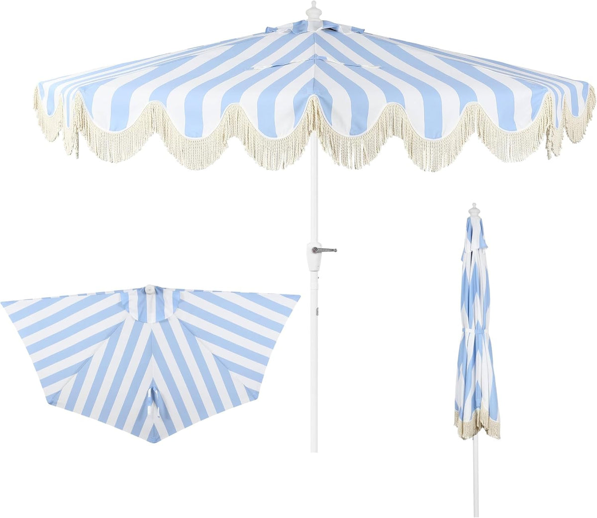 Three-view collage of the light blue and white striped half-umbrella: open canopy, flat canopy, and neatly closed