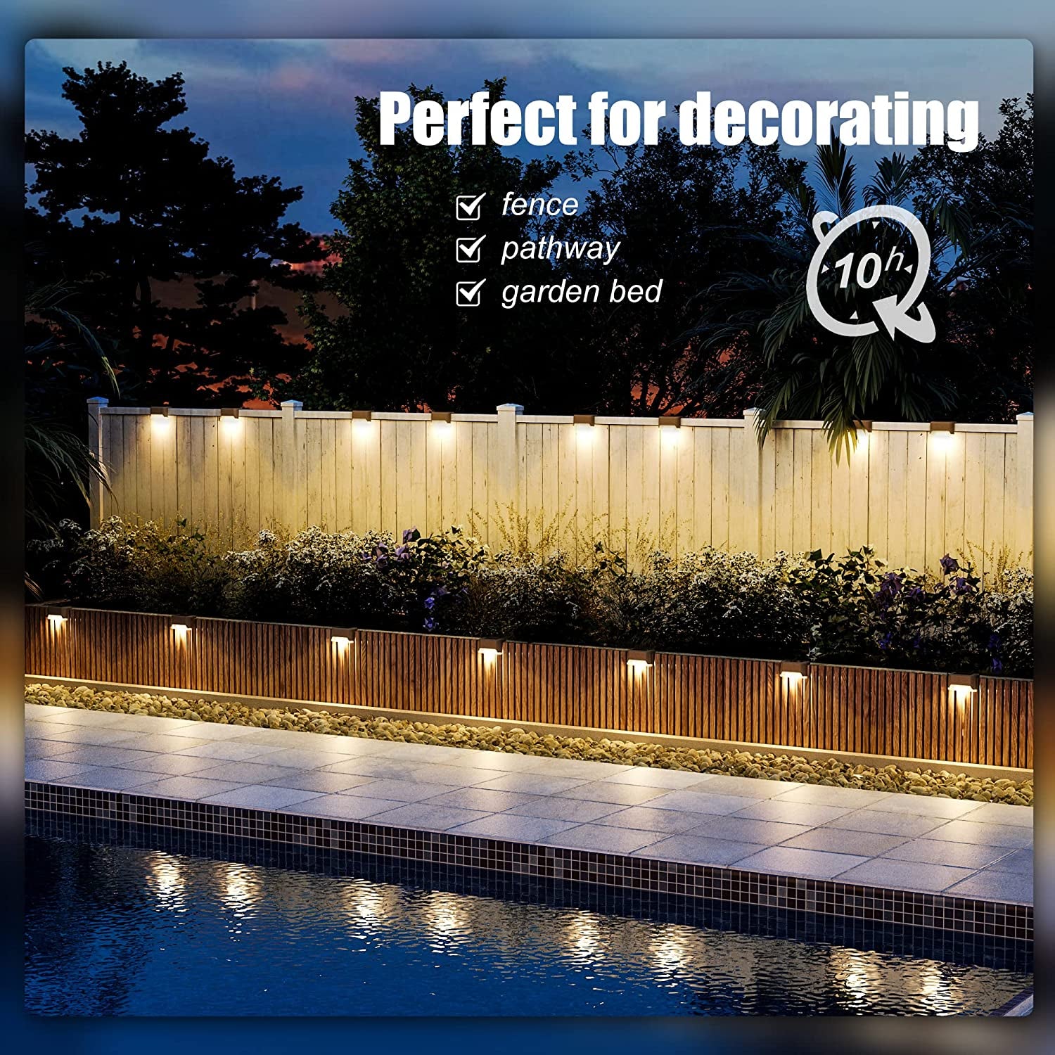 Long exterior fence and poolside wall lit by evenly spaced brown-shell warm white solar lights