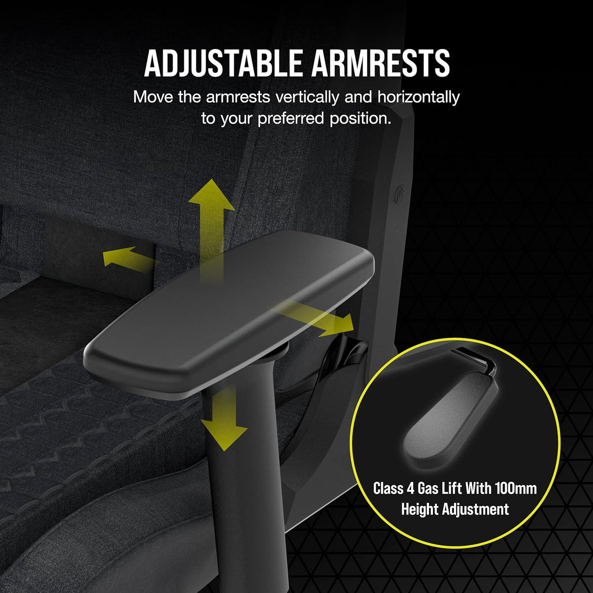 Adjustable armrest detail with arrows indicating vertical and horizontal movement and gas lift.