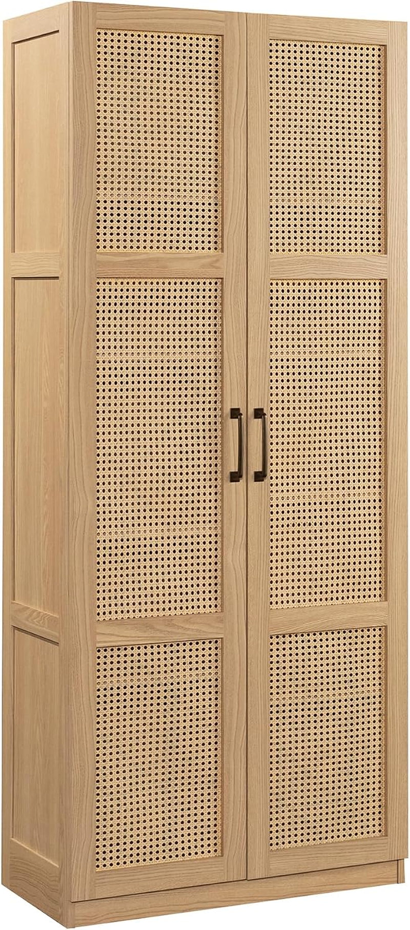 Light wood cabinet with woven cane door inserts and dark vertical pull handles.
