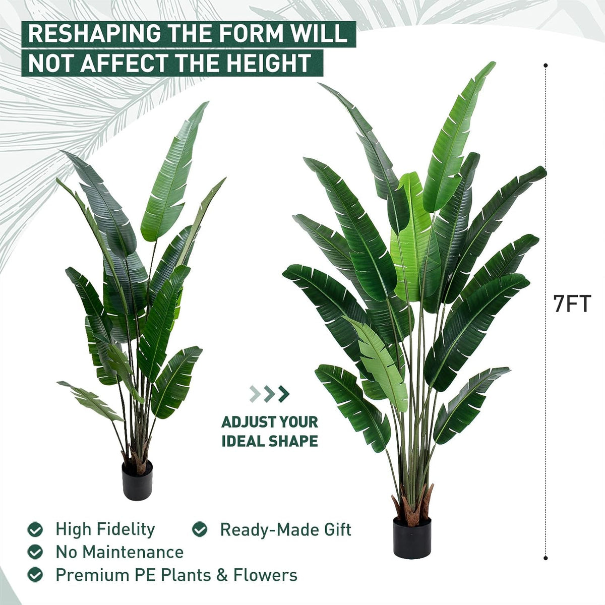 Size and assembly graphic showing two tree shapes, scale marking 7 ft height, and features callouts