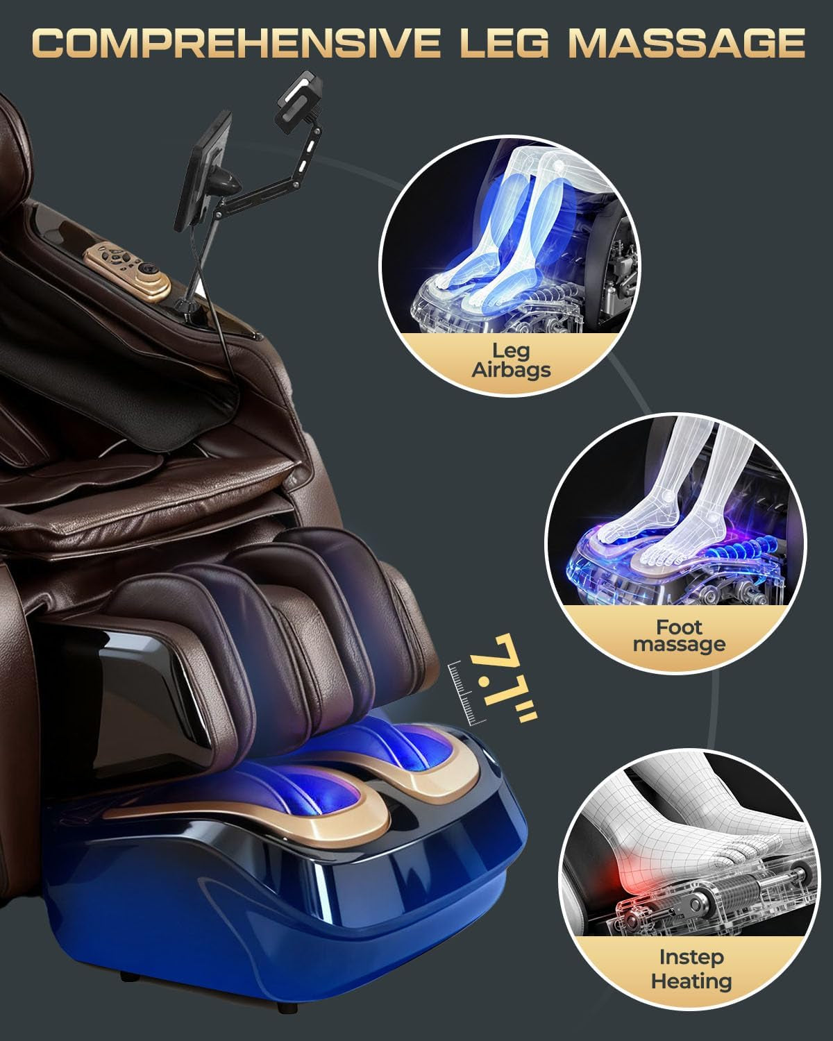 Close-up of the chair’s foot and calf cradle showing blue-lit foot wells and three circular callouts depicting leg airbags