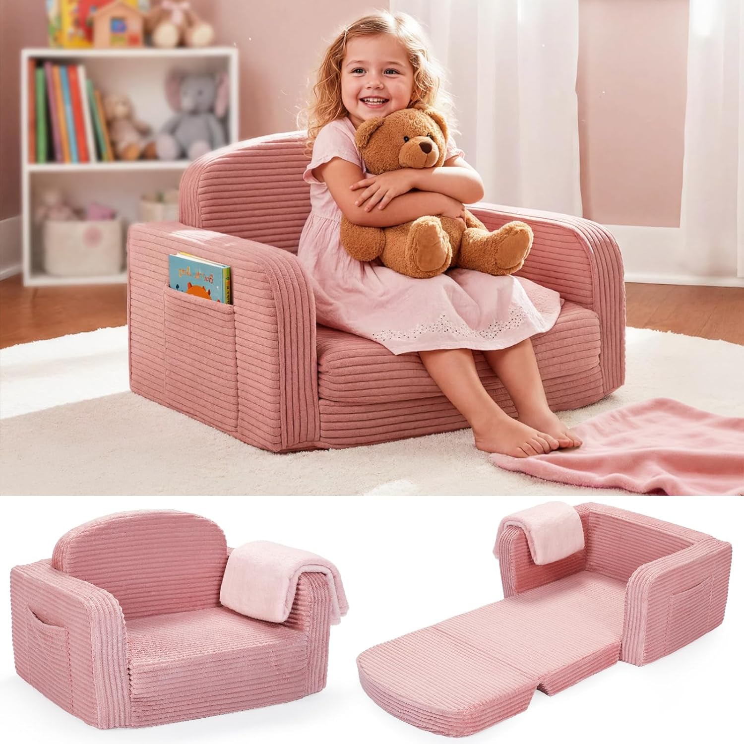 Toddler sitting on a pink corduroy kid sofa in a nursery; two smaller images below show the sofa and its fold-out bed with
