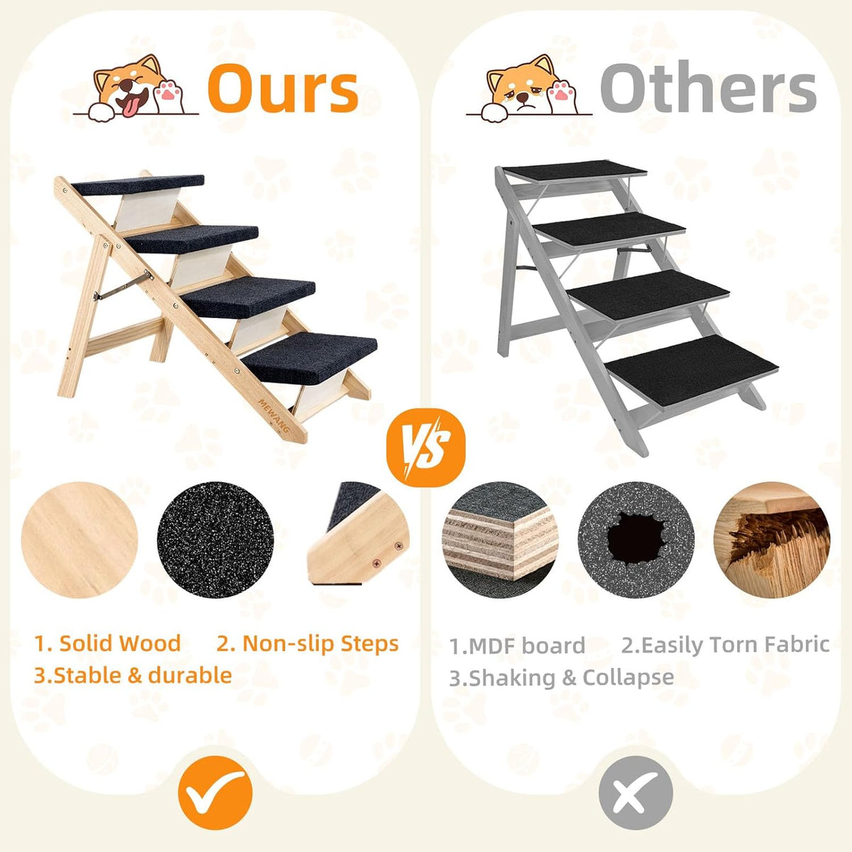 Side-by-side comparison graphic highlighting solid wood frame and non-slip dark treads versus lower-quality alternatives