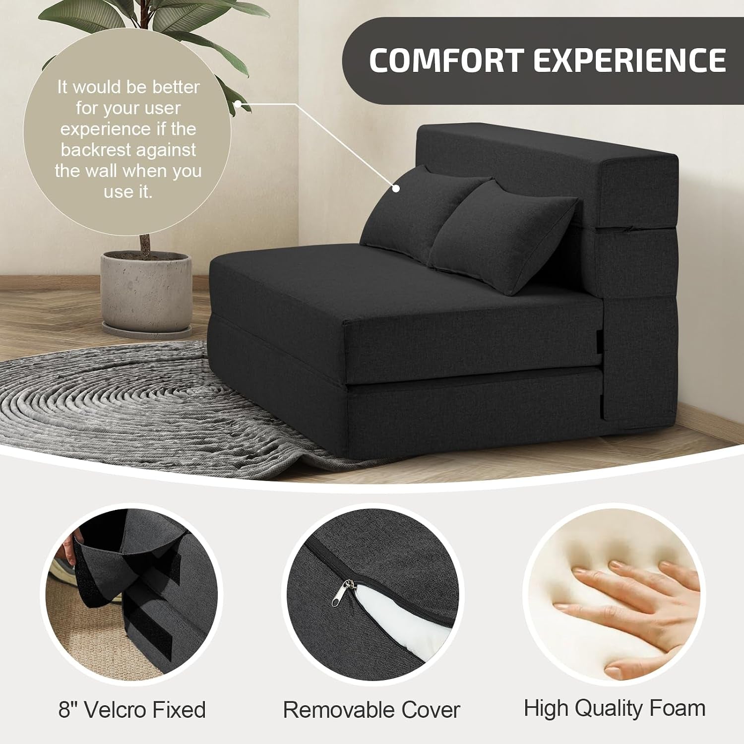 Three-quarter view of sofa position highlighting removable cover, velcro straps and memory foam