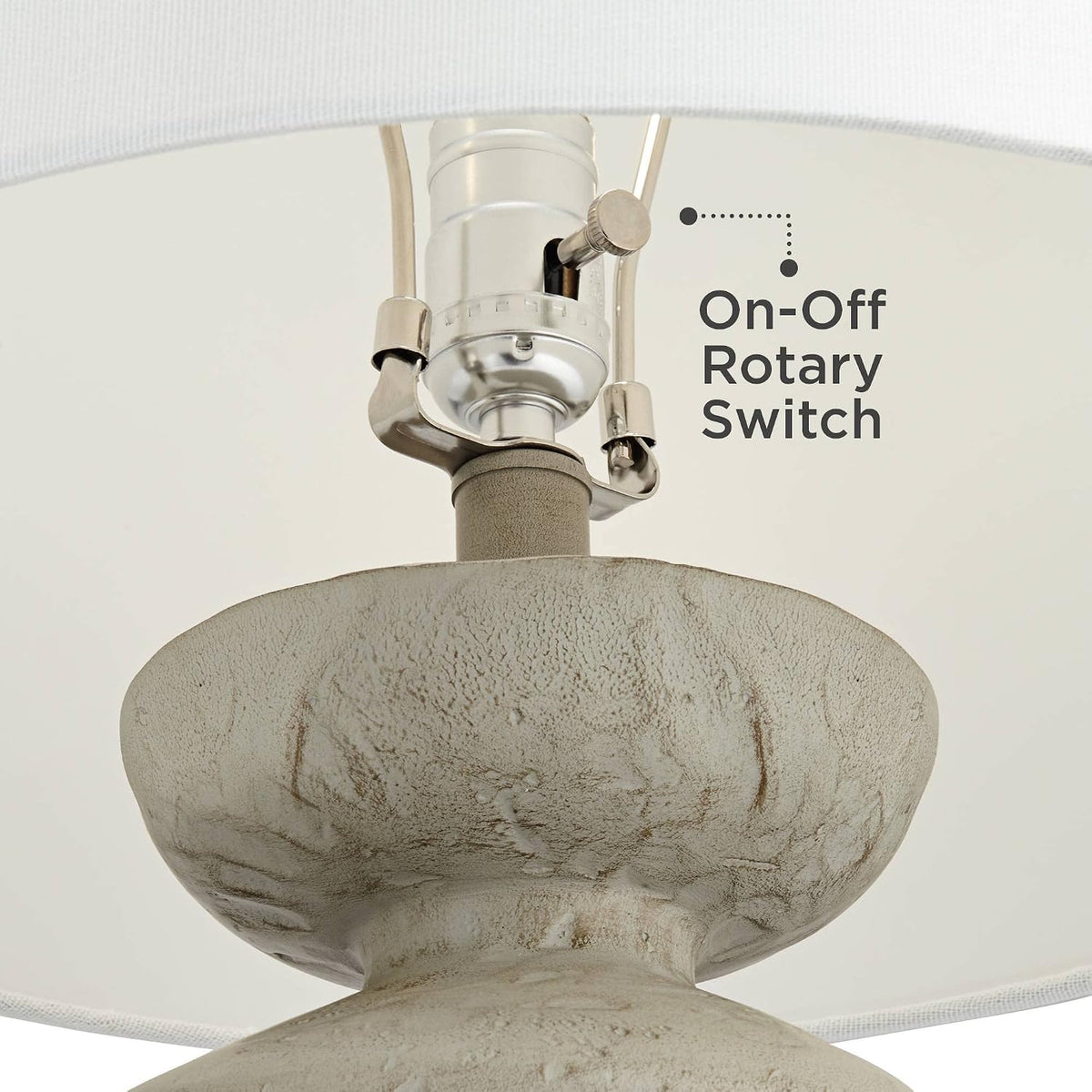 Under-shade view showing the metal on-off rotary switch and socket hardware