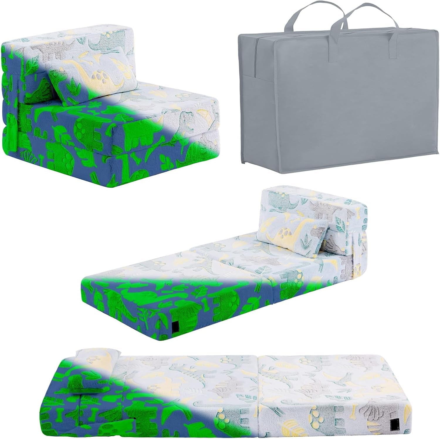 Light-colored plush sofa and mattress set with dinosaur-print cover and a gray storage/transport bag