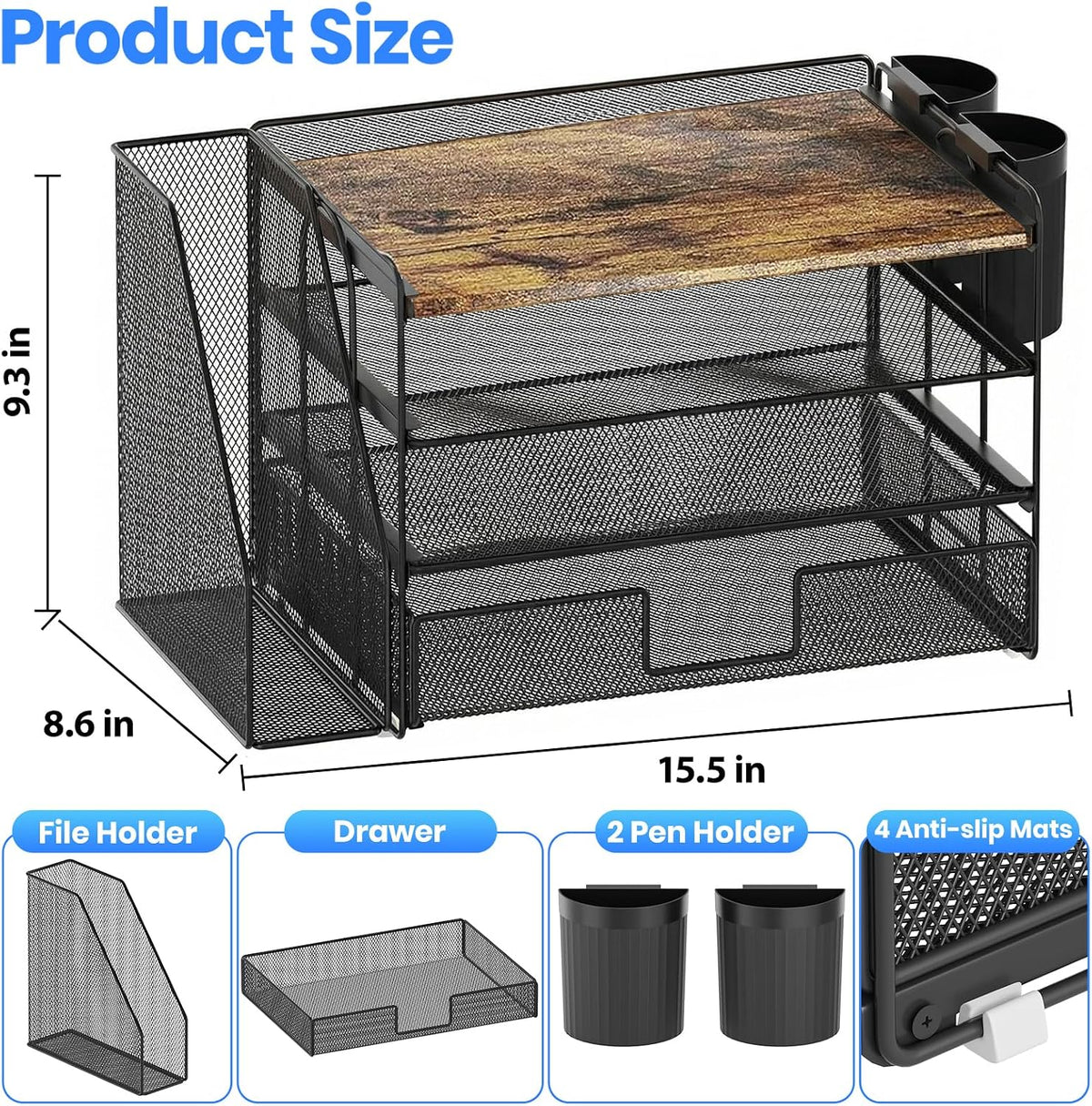Three-quarter studio shot of the organizer showing mesh file holder, three trays, pull-out drawer and two removable pen cups