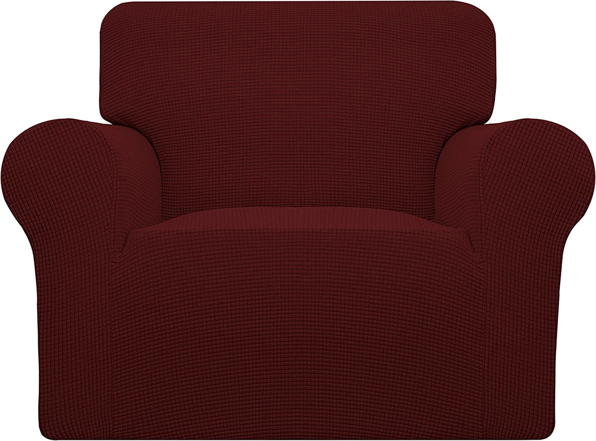 Front view of a single-seat armchair covered in a textured deep burgundy stretch slipcover