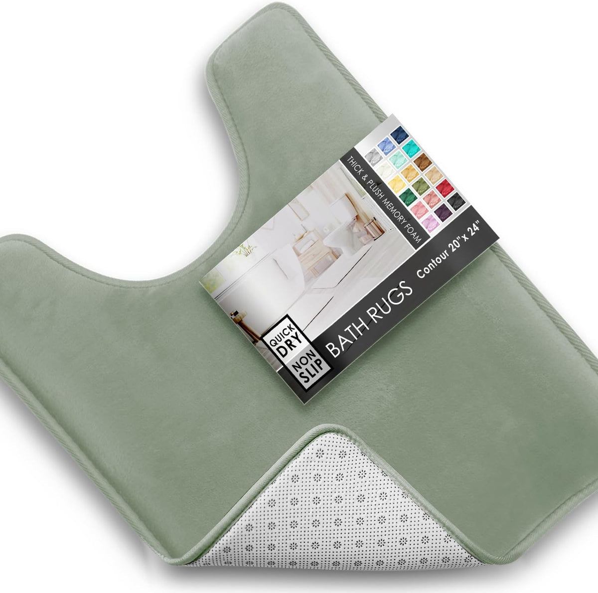 Sage-green U-shaped contour bath rug shown flat with packaging resting on top and a folded corner revealing the backing.