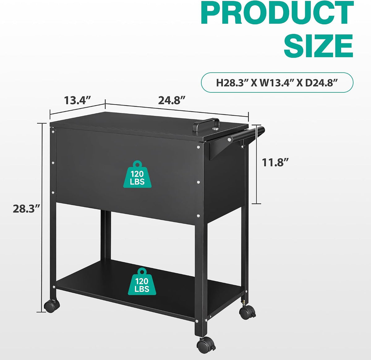 Black rolling file cart shown at an angle with measurement callouts and caster wheels visible
