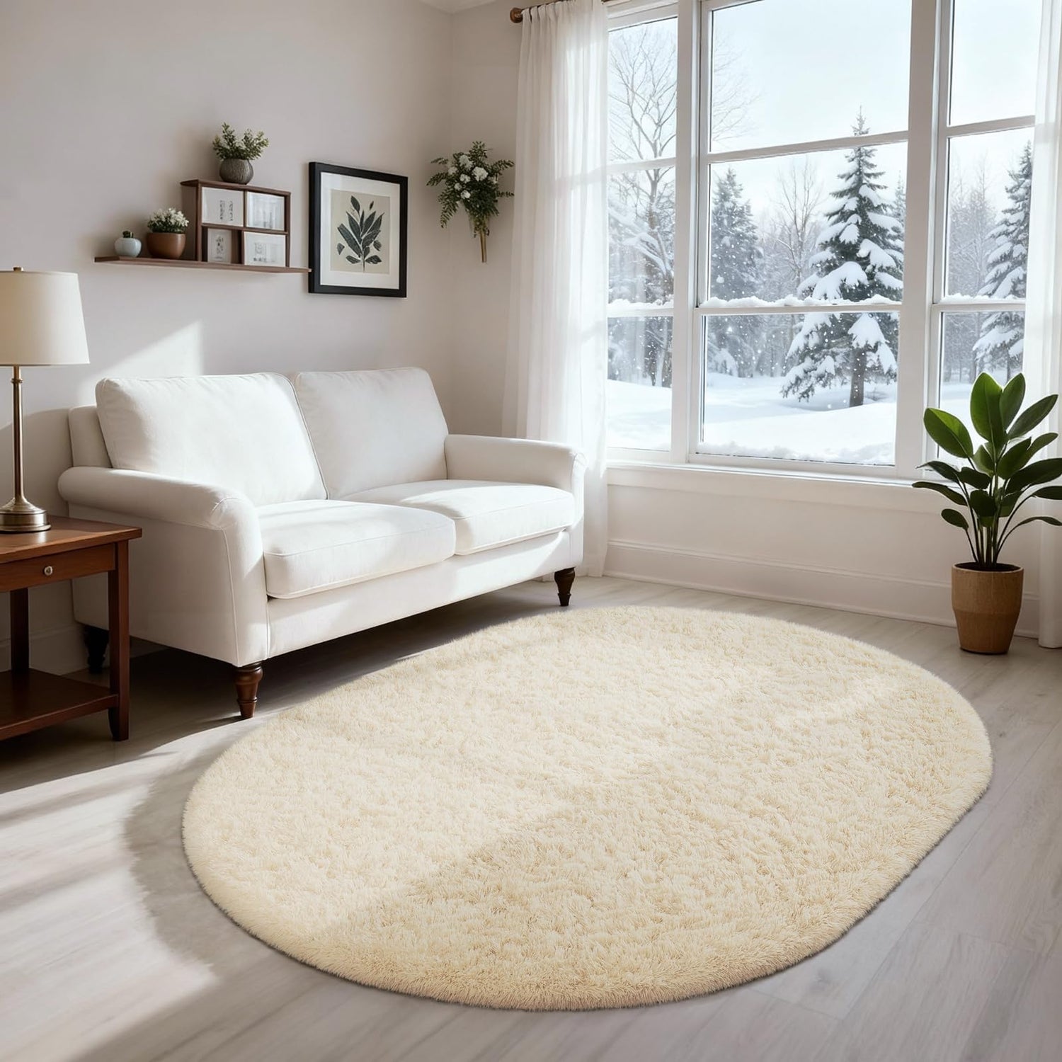 Bright room with white loveseat and oval cream shag rug on pale wood floors.