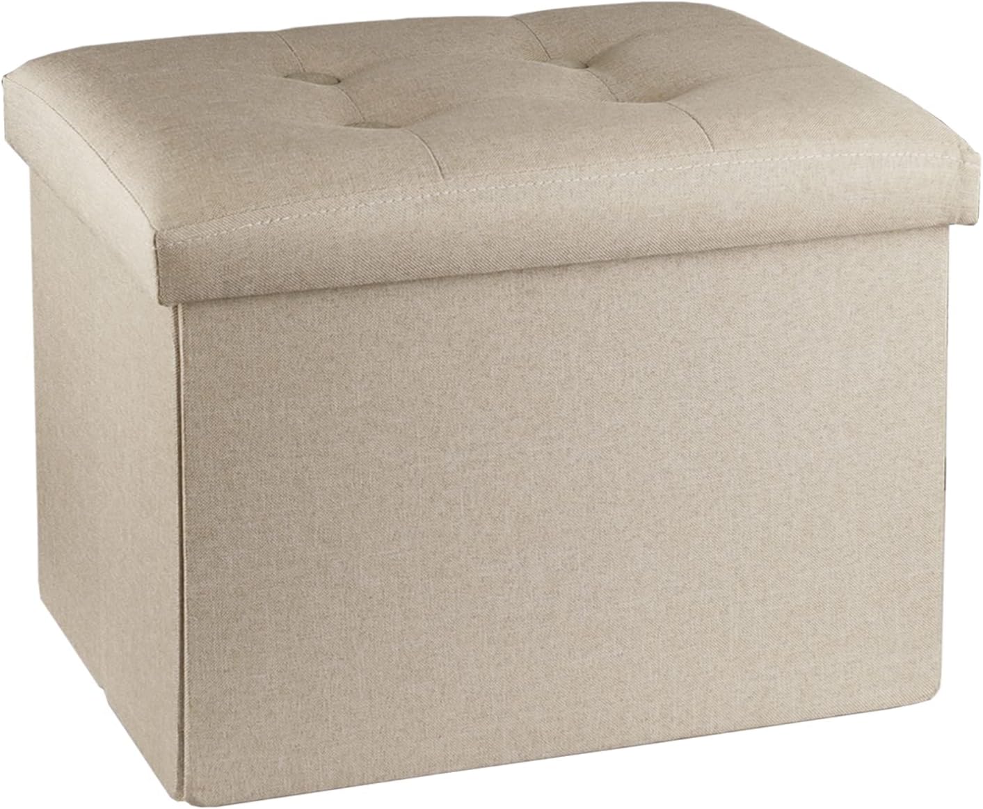 Beige rectangular storage ottoman with tufted removable lid seen from front-right