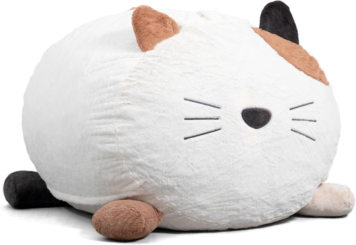 Plush round bean bag shaped like a sleeping cat with stitched whiskers and ears