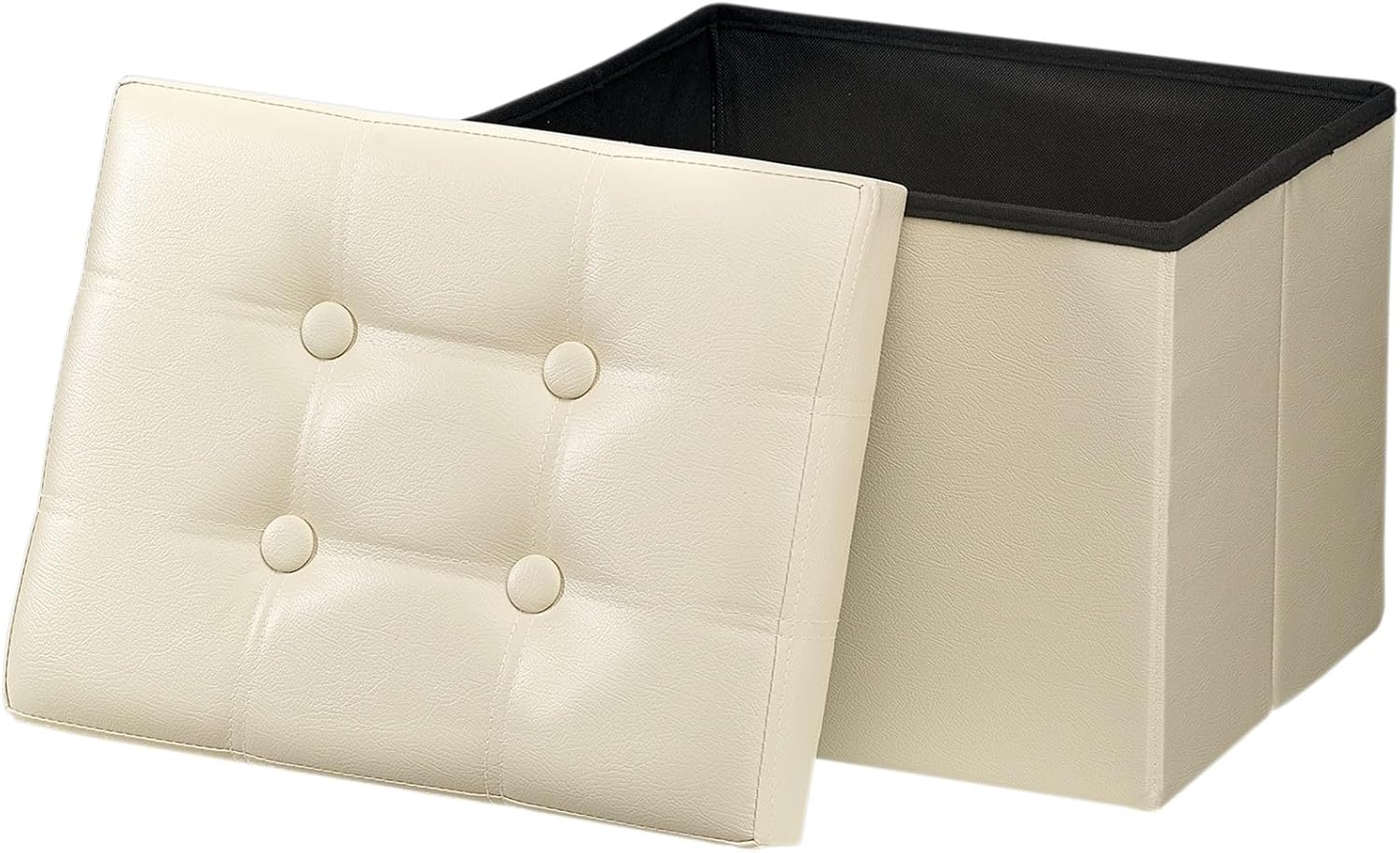 Cream-colored tufted ottoman lid removed to show black fabric-lined storage interior.