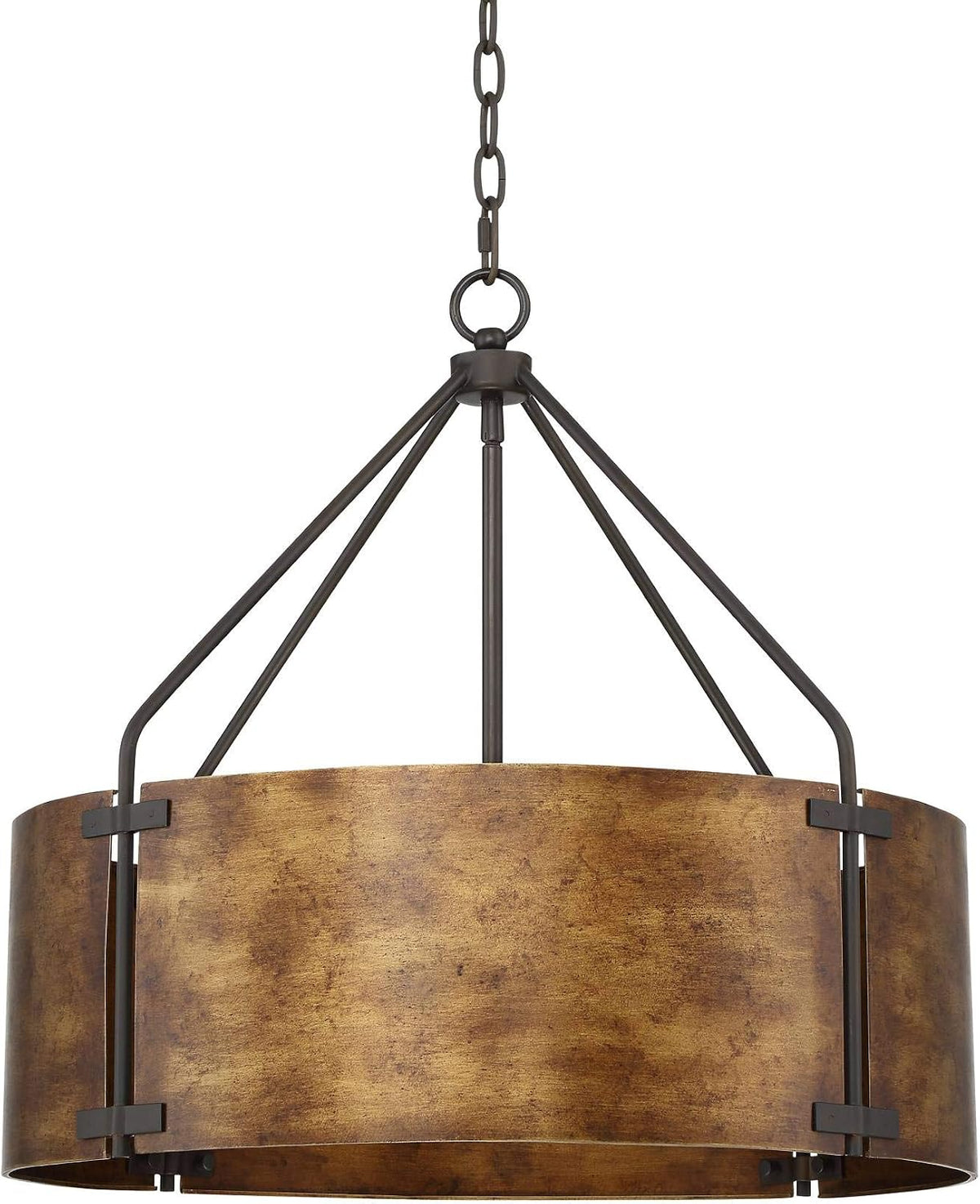 Front close-up of pendant top showing supporting rods, chain, and the 22" drum shade on a white background