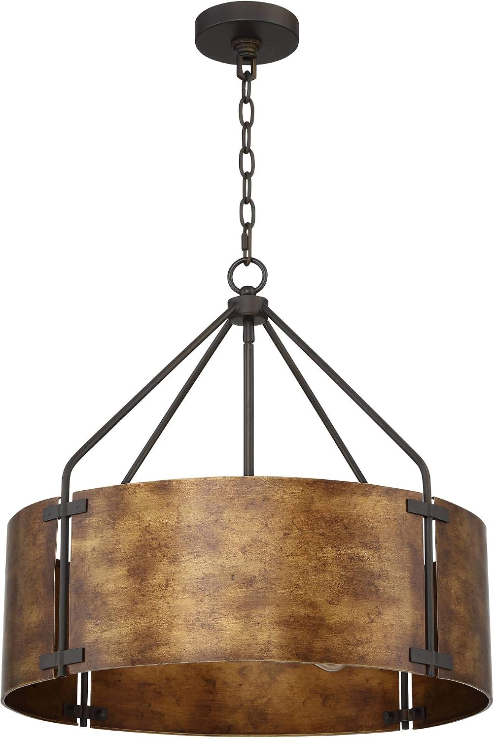 Three-quarter front view of the full drum pendant showing metal support arms and the warm bronze shade interior.