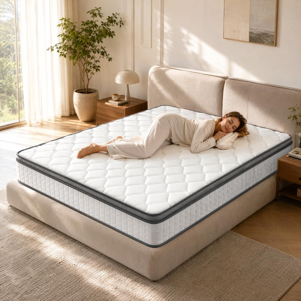 White quilted memory foam mattress with a woman lying on her side, angled front-right lifestyle view in a bright bedroom