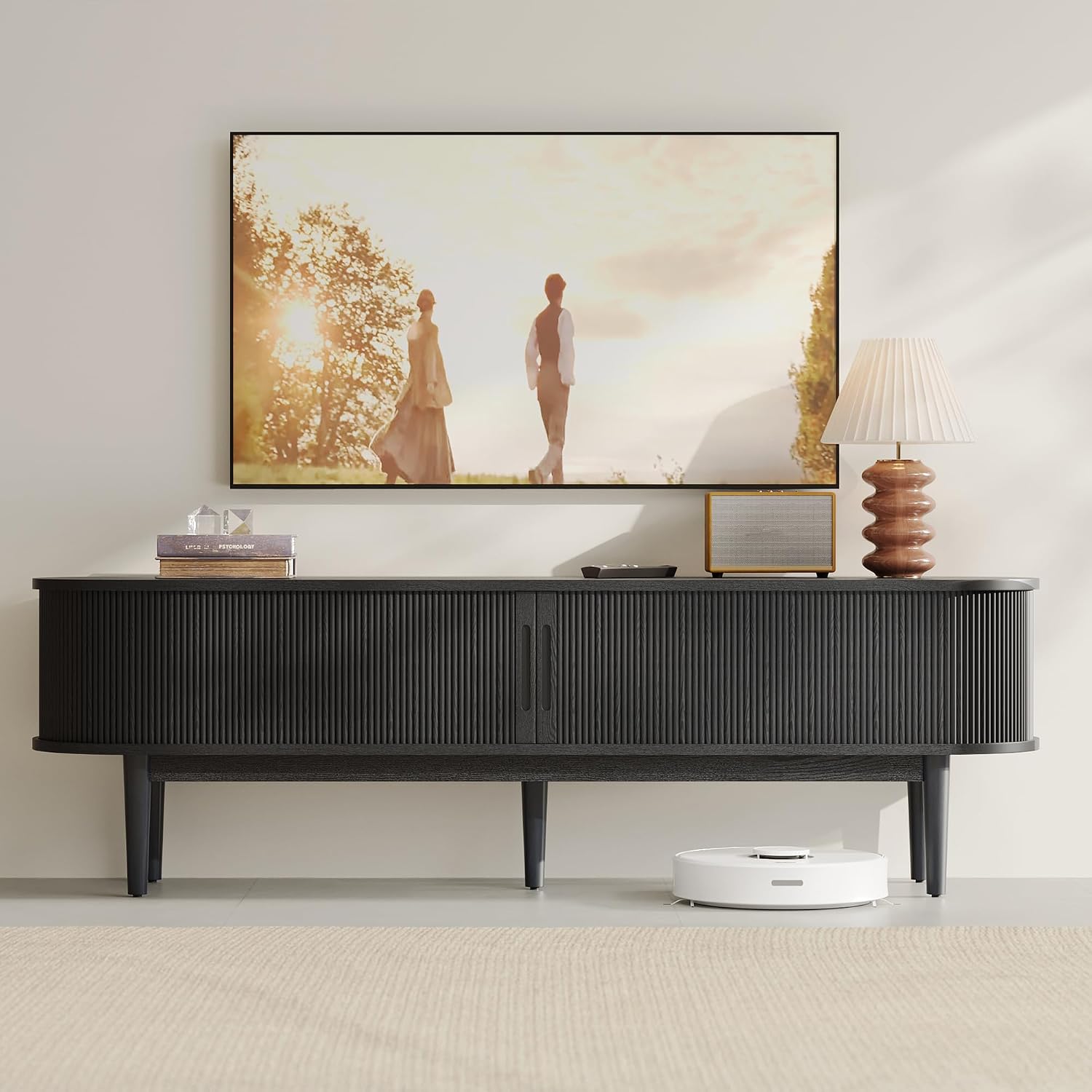 LINSY HOME 70" Fluted TV Stand for TVs up to 80 Inch, Mid Century Modern Entertainment Center with Storage Cabinet and Sliding Doors, Farmhouse Wood Media TV Console for Living Room, Bedroom, Walnut
