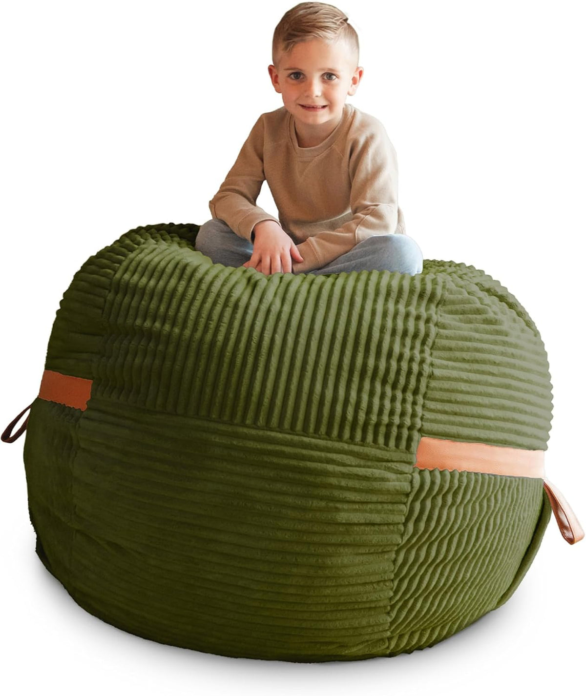 Top-front view of a young boy sitting on an olive-green ribbed lounger showing panel stitching and leather tabs.