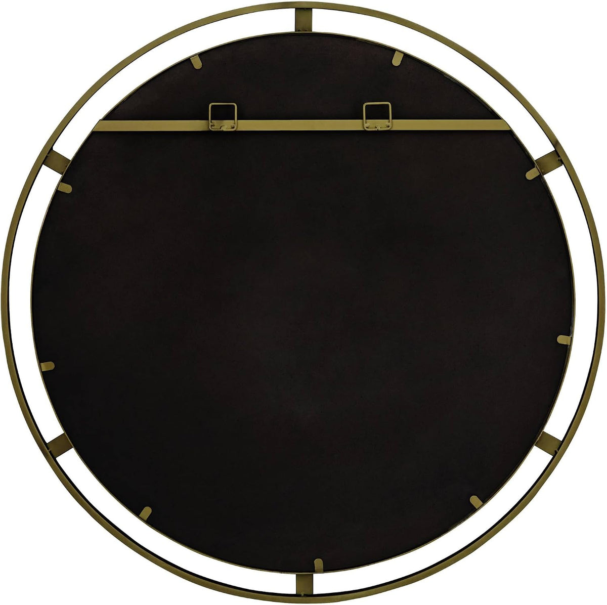 Back of mirror showing full circular backing, metal clips and outer bronze frame with hanger slots
