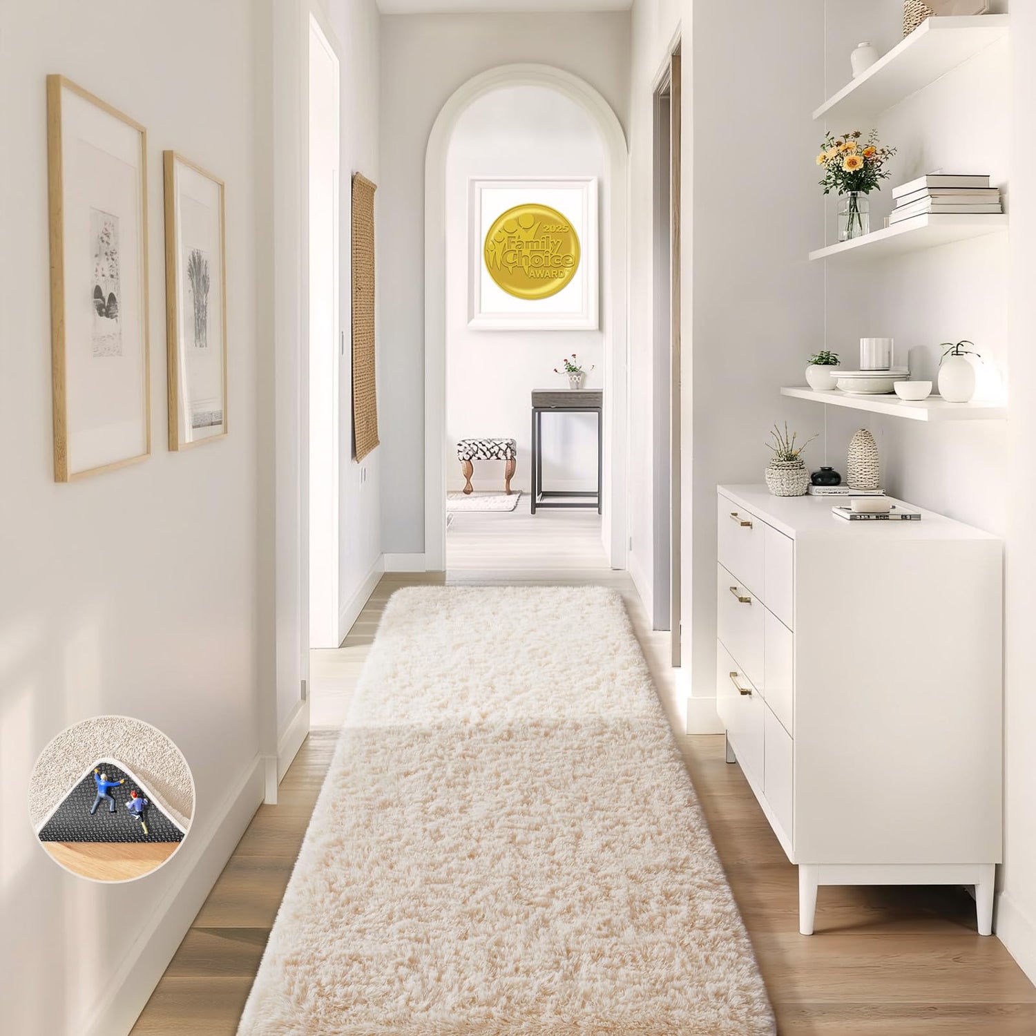 View down a light hallway with a plush cream runner placed along the floor and white storage cabinet