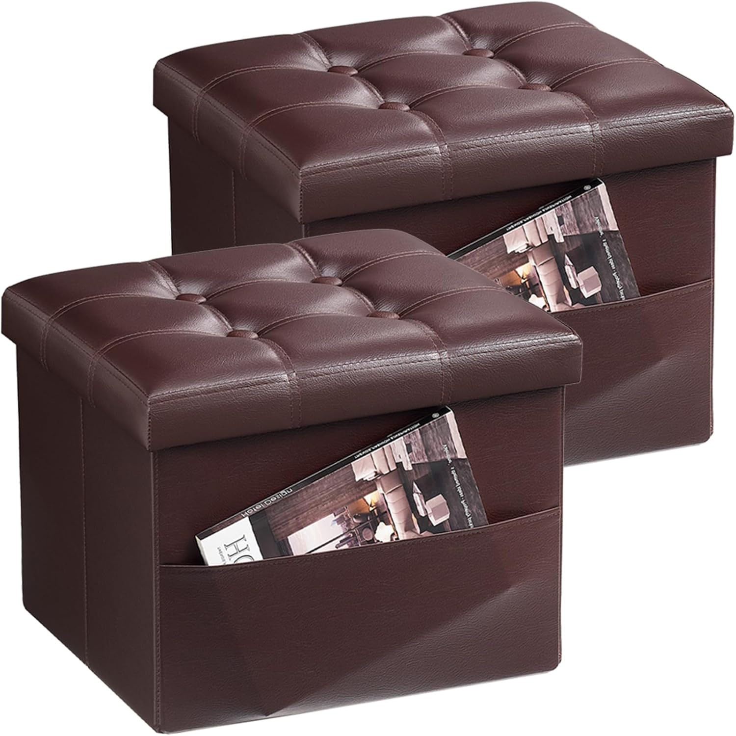 Two brown faux-leather storage ottomans shown together, each with a tufted lid and a magazine in the front pocket